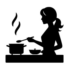 Cooking person icon, black silhouette, hand with spoon, standing at stove, minimal clipart