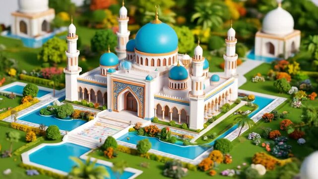 Detailed Miniature Mosque Model in Garden Setting