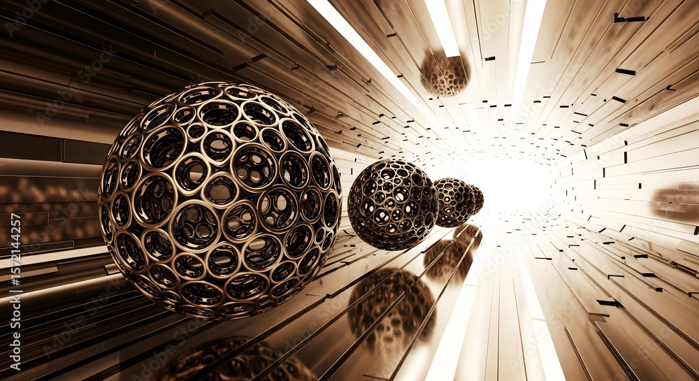 Fototapete abstract spheres in tunnel visualization background render design futuristic art concept space