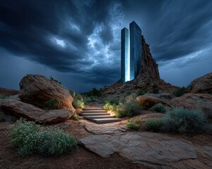 Monument lit by storm