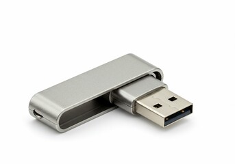 Silver USB Flash Drive with Swivel Design on White Background, Close-Up