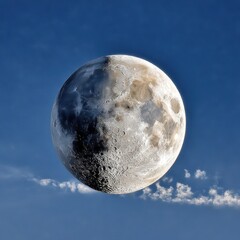 Moon half illuminated against blue sky