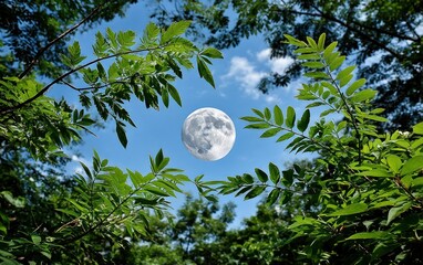 Moon framed by leaves