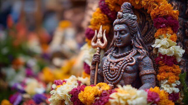 Maha Shivaratri Banner, majestic statue of Lord Shiva with shining trishula in the center background, decorated with jasmine and marigold flowers,&nbsp;