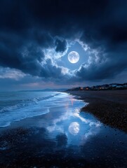 Moonlight beach reflected in calm water