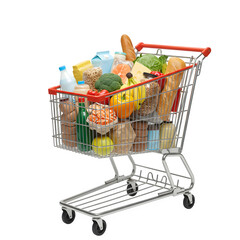 Shopping cart full of groceries isolated on white or transparent background. PNG