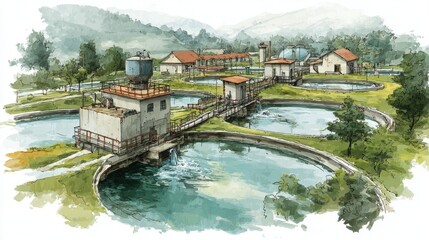 A watercolor illustration of a fish farm with circular ponds, small buildings, and surrounding greenery against a backdrop of misty mountains.