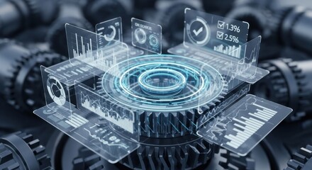Advanced data analytics interface with futuristic holographic displays and complex machinery in the background
