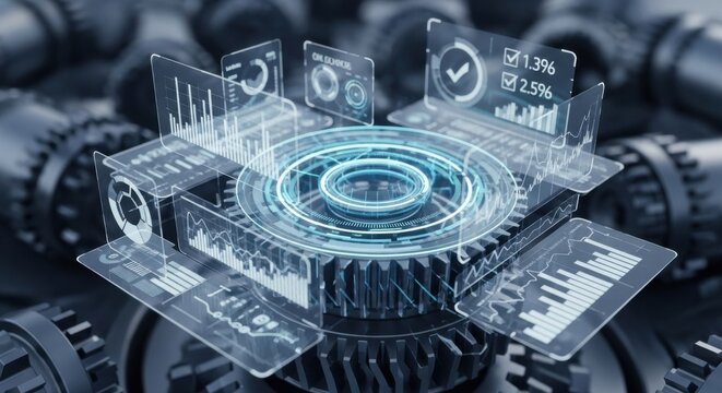 Advanced data analytics interface with futuristic holographic displays and complex machinery in the background