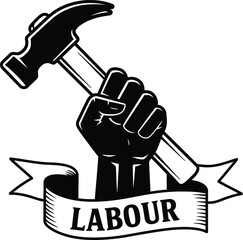 white silhouette of a fist holding a hammer