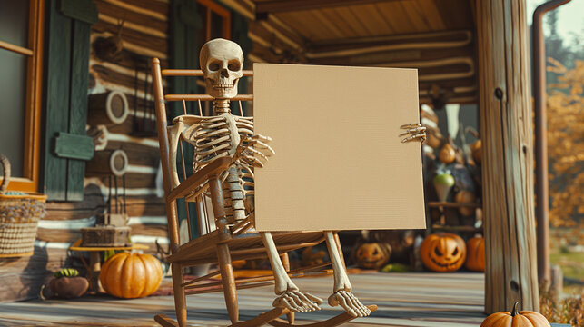 Skeleton holding blank sign on Halloween porch