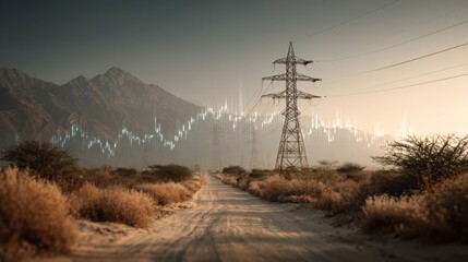 Desert landscape with power lines and transmission tower, mountains in the background, and a digital graph overlay symbolizing energy or data flow.