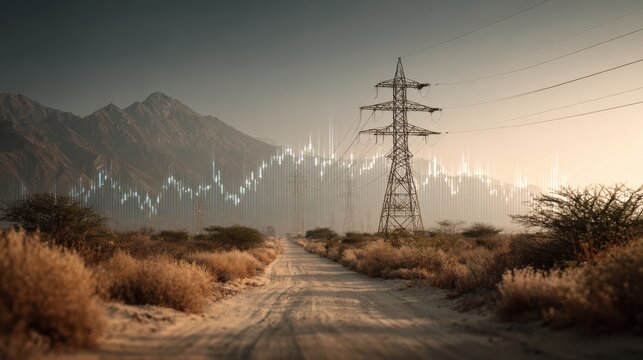Desert landscape with power lines and transmission tower, mountains in the background, and a digital graph overlay symbolizing energy or data flow.