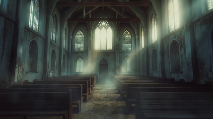 Abandoned church interior with rays of light