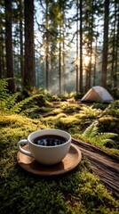 Morning coffee in a misty forest