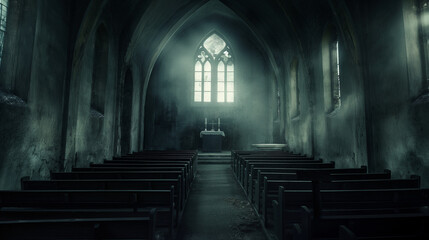 Fototapeta premium Abandoned church interior with empty pews