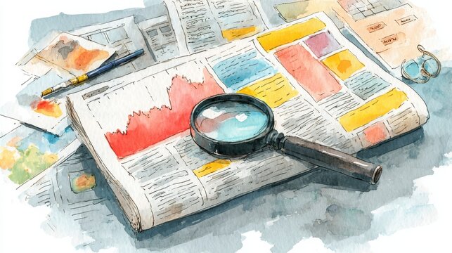 A watercolor illustration of a newspaper with charts, highlighted articles, a magnifying glass, and a pen on a desk, suggesting detailed analysis or research.