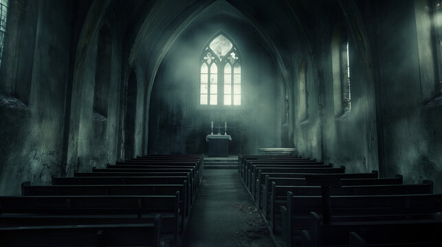 Abandoned church interior with empty pews - Powered by Adobe