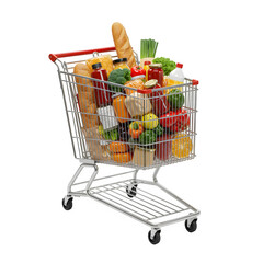 Shopping cart full of groceries isolated on white or transparent background. PNG