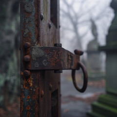 Rusty gate hinge in misty abandoned cemetery
