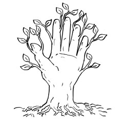 Drawing sketch style illustration of a human hand with tree branches branching out and growing on isolated background done in black and white line art.
