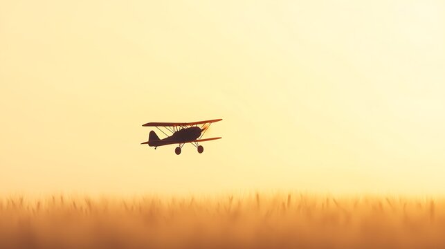 Biplane Flying Over Field at Sunset