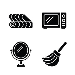 Rolled towel microwave mirror and broom icons oven