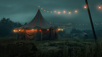 Circus tent with lights at night in foggy field