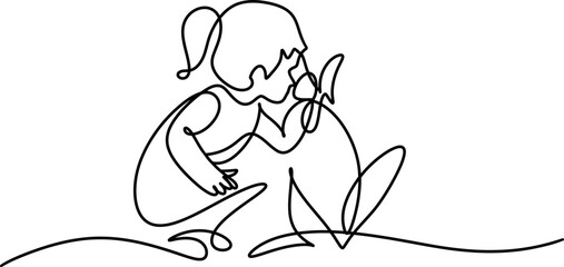 one line. little girl smelling flower sitting