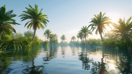 Obraz premium A calm reflective pond surrounded by lush date palms under a clear sky