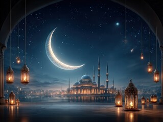 Mosque at night, crescent moon, lanterns