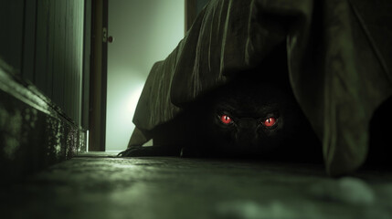 Creature with glowing red eyes under bed