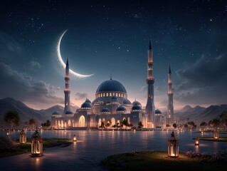 Mosque at night with crescent moon