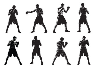 Set of Silhouette of a boxer in a match on a white background