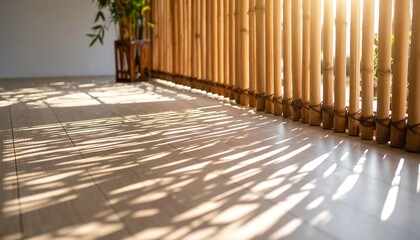 Sunlight streams through bamboo partition, casting shadows on light-colored floor