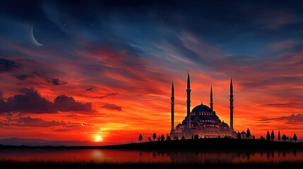 Mosque at sunset over water