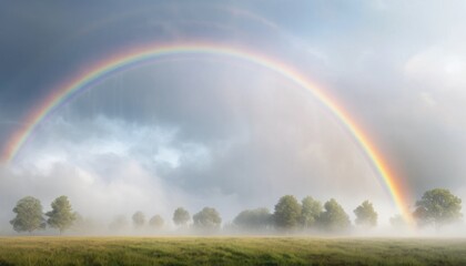 Obraz premium Beautiful rainbow in a summer sky over a green landscape with fields and distant hills