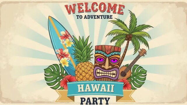 Welcome to a festive Hawaii party with a surfboard, ukulele, pineapple, and tiki mask animation