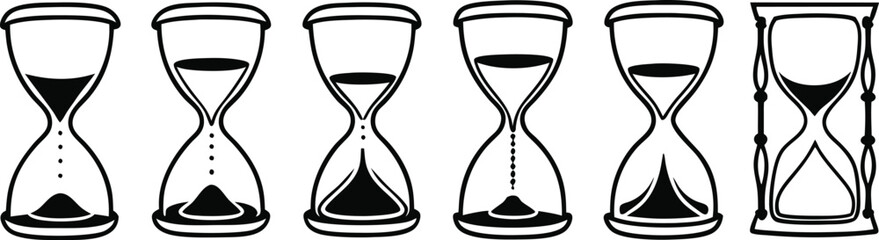 Collection of hourglasses showing different stages of time passing silhouette