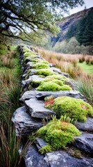 Moss-covered stone wall in a valley