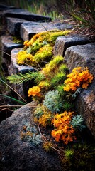 Mossy stones with vibrant flowers