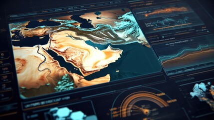 Highly detailed digital map visualization illustrating geographic terrains, landforms, and topographical features with interactive interface and data analytics