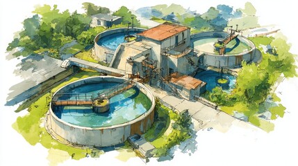 A colorful illustration of a water treatment plant with circular tanks, surrounded by greenery and connected by walkways and pipes.