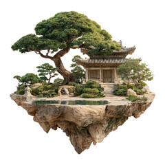 Fototapeta premium Serene Floating Japanese Garden with Ancient Architecture and Trees