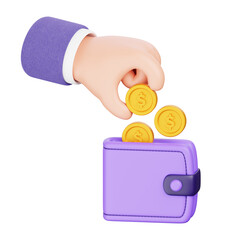 3D Render of Hand Putting Coins in Wallet