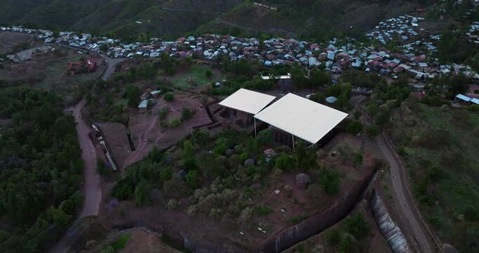 Above View Of Rock-Hewn Monolithic Orthodox Church Of Saint George In Lalibela, Ethiopia. Aerial Shot