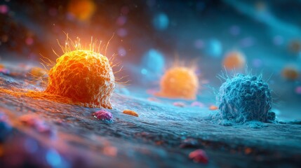 Immune system T cells attacking viruses in bloodstream, microscopic view of body defense mechanism, medical and healthcare concept for biology science.	