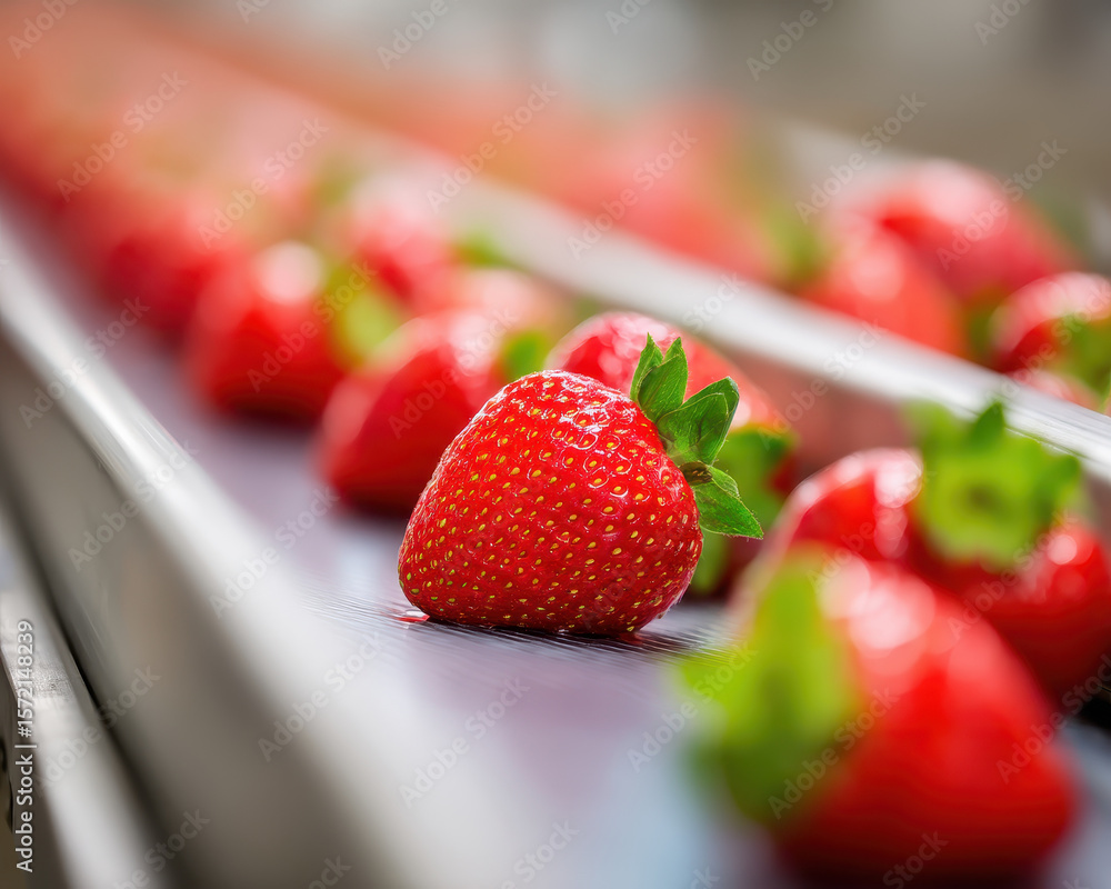 Poster fresh red strawberry on conveyor belt in agriculture processing line ready for export with vibrant c