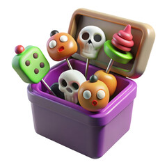 A 3d purple box filled with assorted halloween themed cake pops including skulls pumpkins a green dice and a pink swirl isolated on transparent background