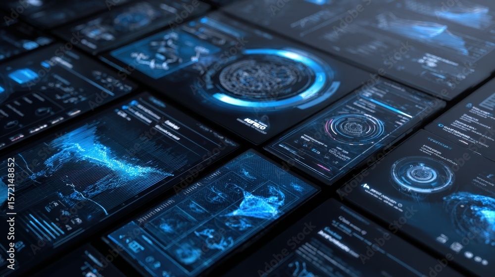 Poster advanced futuristic digital interface screens with holographic display technology and glowing blue d